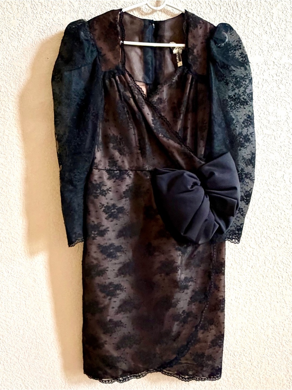 VICTOR COSTA Vintage 80s Party Dress Women’s Size 14 Black Lace Bow Vamp Retro